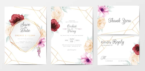 Vackra Bröllop Inbjudningskort Mall Set Med Akvarell Blommor — Stock vektor