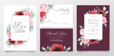 Elegant floral wedding invitation cards template set watercolor flowers decoration. Editable Save the date, invite or greeting, thank you, rsvp cards vector design