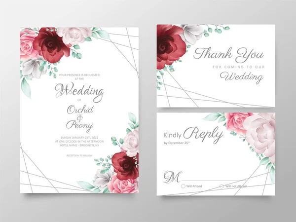 Modelo Cartões Convite Casamento Floral Elegante Definido Com Decoração Dourada —  Vetores de Stock