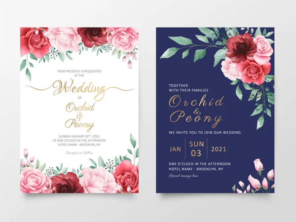 Modelo Cartões Convite Casamento Conjunto Com Decoração Flores Aquarela Editável — Vetor de Stock