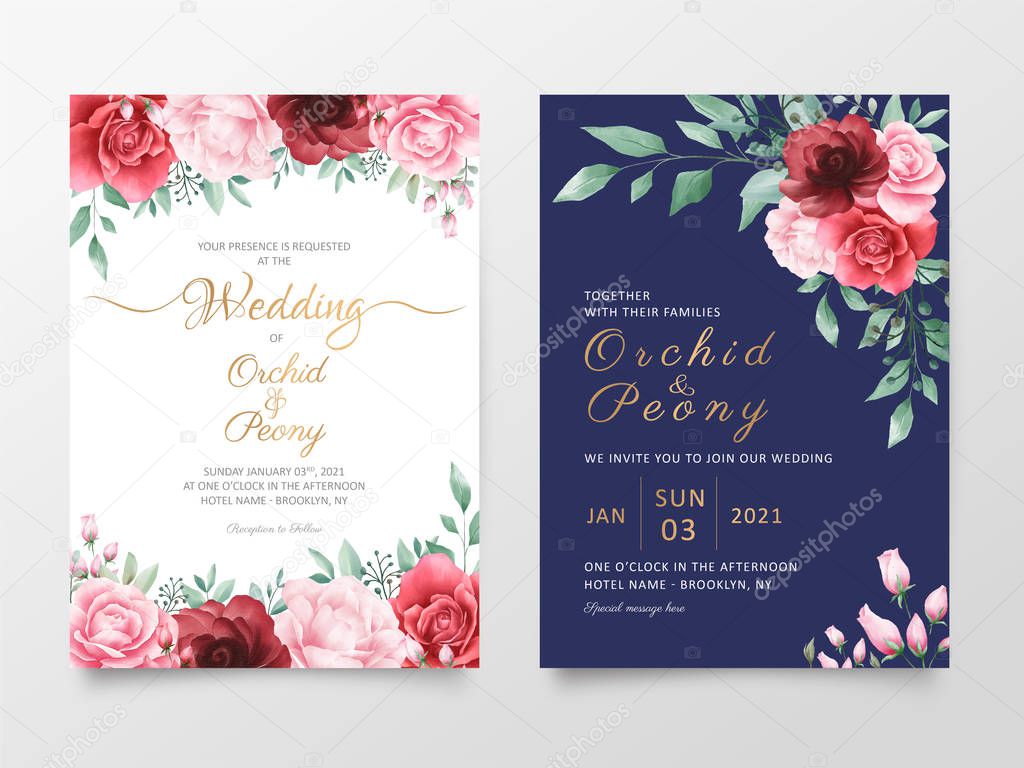 Wedding invitation cards template set with watercolor flowers decoration. Editable Save the date, invite or greeting, thank you, rsvp cards vector design