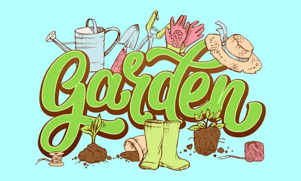 Bahçıvan özellikleri ile çevrili taze yeşillik Içinde Lettering Garden kelime