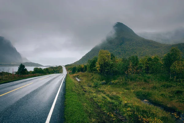 Route panoramique le long du littoral norvégien par une journée pluvieuse et brumeuse — Photo