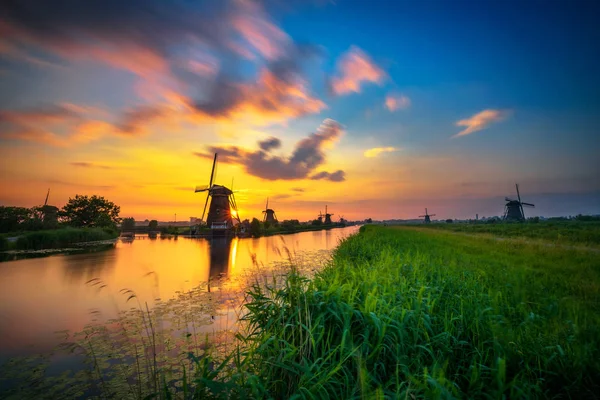 Закат над старыми ветряными мельницами в городе Федди, Нидерланды — стоковое фото