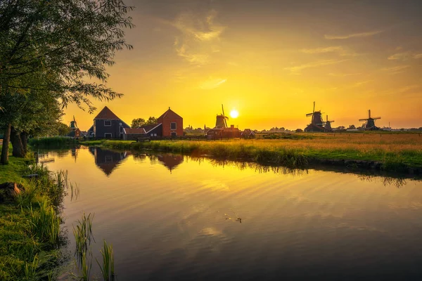 Закат над фермерскими домами и ветряными мельницами Zaanse Schans в Нидерландах — стоковое фото