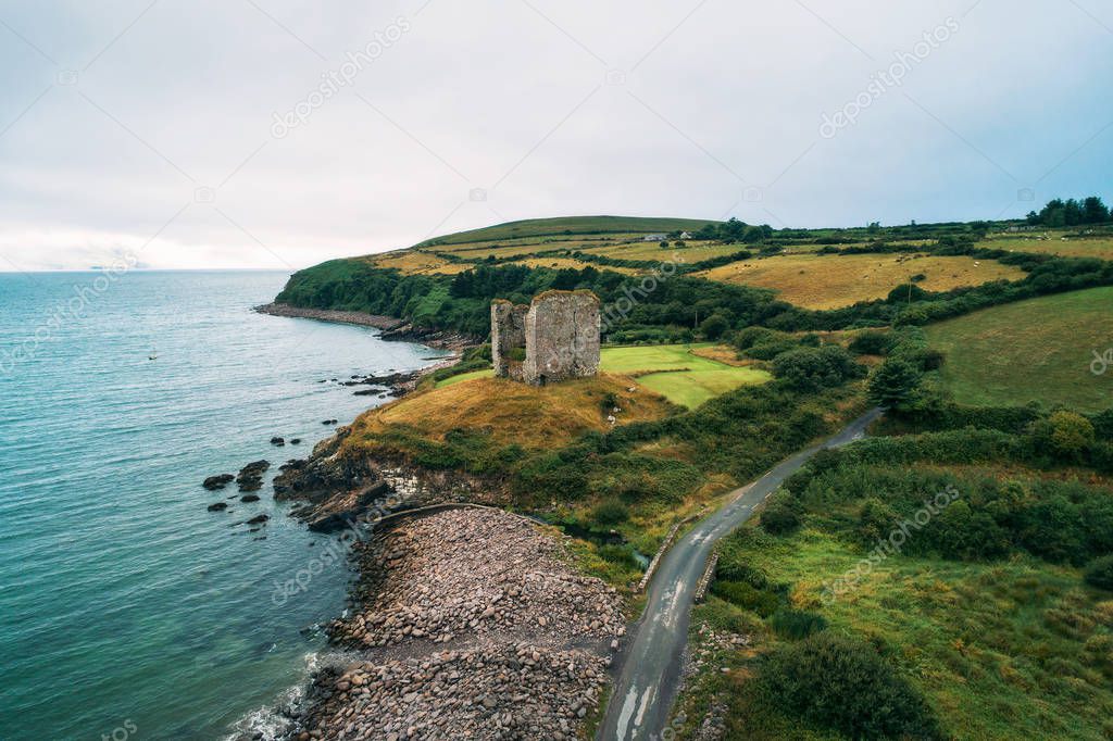 Aerial view of the Minard Castle situated on the Dingle Peninsula in Ireland