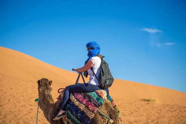 Τουριστικές βόλτες με καμήλα τους αμμόλοφους άμμου στην έρημο της Σαχάρας — Φωτογραφία Αρχείου
