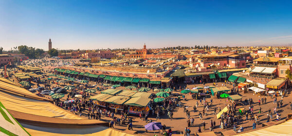 View of the busy Jamaa el Fna market square in Marrakesh, Morocco
