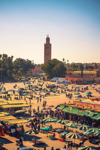 View of the busy Jamaa el Fna market square in Marrakesh, Morocco