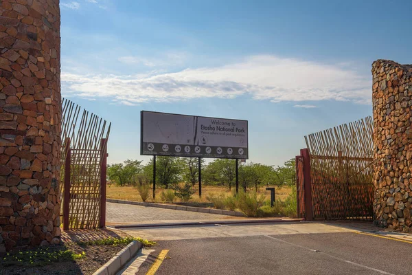 Galton Gate to Etosha National Park in Namibia and the entrance sign — Stock Photo, Image