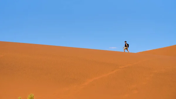 Turist Namib çöl, Namibya Sossusvlei doğal kumulları üzerinde yürüyor — Stok fotoğraf