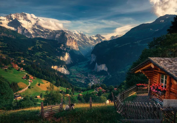 Vallée de Lauterbrunnen dans les Alpes suisses vue du village alpin de Wengen — Photo