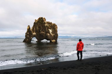 Turist Kuzey İzlanda 'daki Hvitserkur bazalt yığınına bakıyor