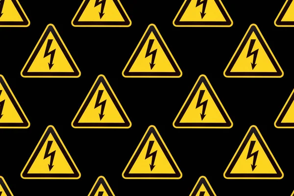 Señal de peligro de alto voltaje. Malla triangular amarilla con cremallera en el centro sobre fondo negro . —  Fotos de Stock