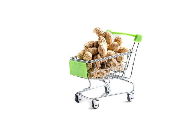 Miniaturní Vozík Supermarketu Vozík Plný Ořechů Spousta Arašídů Izolovaných Bílém — Stock fotografie