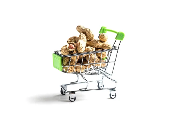 Miniatuurkar Uit Supermarkt Een Kar Vol Noten Veel Pinda Geïsoleerd — Stockfoto