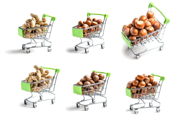 Miniaturní Nákupní Košík Supermarketu Vozík Plný Ořechů Spousta Makadamie Arašídy — Stock fotografie