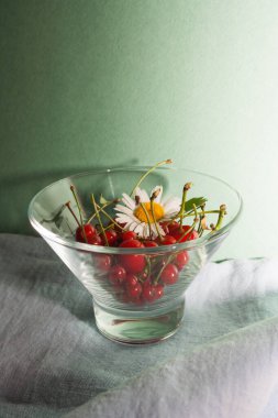 Kırmızı kirazlar ve papatya üzümlü üzümler. Yeşil arka planda ve fotokopi alanı var. Böğürtlen yaz tatlısı. 