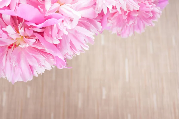 Bouquet of pink peony flowers on beige tablecloth with copy space