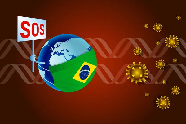 コロナウイルスCovid 19ブラジルのコンセプト ブラジルの旗を持つ医療用マスクの地球は Dnaの背景にあるオロナウイルスCovid 19の助けを求めます — ストックベクタ