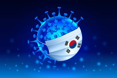 Kore için Coronavirus COVID-19 konsepti. Kore bayrağıyla maskeli hasta dünya virüsle savaşıyor.
