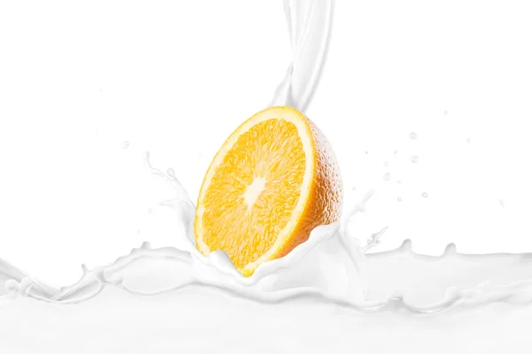 Milk Pouring Fresh Halved Orange Fruit Splashes — Stock Photo, Image