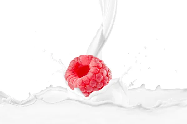 Lait Versé Sur Des Framboises Fraîches Avec Éclaboussures — Photo