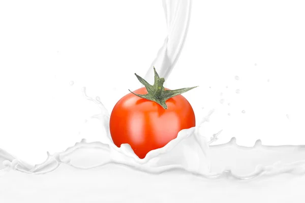 Milk Pouring Fresh Tomato Splashes — Stock Photo, Image