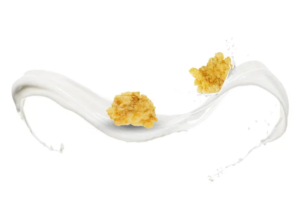 Cornflakes Mit Milchspritzer Auf Weißem Hintergrund — Stockfoto