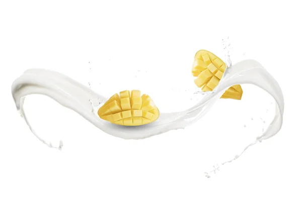 Mango Stücke Mit Milchspritzer Auf Weißem Hintergrund — Stockfoto