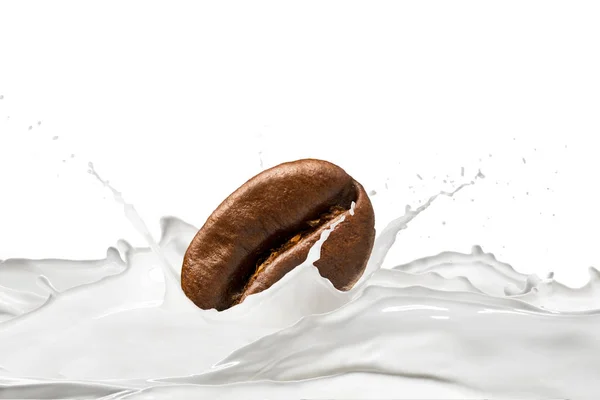 Grano Café Con Salpicadura Leche Fondo Blanco — Foto de Stock