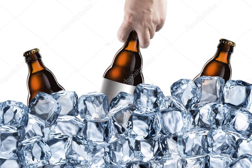 Beer Bottle Pull From Ice Cubes isolated on white background 