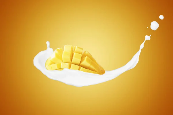 Mango Mit Milchspritzer Isoliert Auf Gelbem Hintergrund — Stockfoto