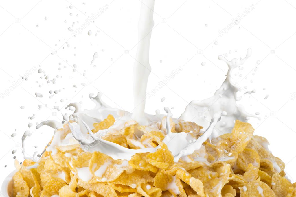Corn Flakes with milk splash as background