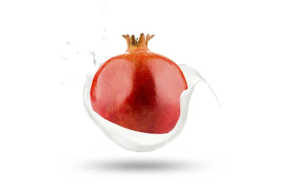 Fresh Pomegranate Milk Splashes White Background — Stock Photo, Image