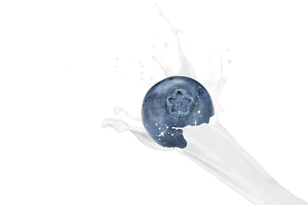 Blaubeere Und Milch Mit Spritzern Auf Weißem Hintergrund — Stockfoto