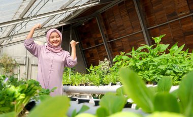 Hidrofonik sebze bahçesinde mutlu Asyalı kızlar