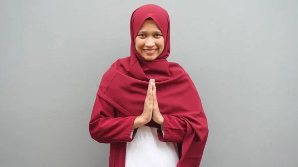 Asian Hijab Woman Apologize Hand Ramadan Celebrate — Stock Photo, Image