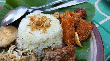 Yogyakarta Endonezya 'dan geleneksel yemek, tavuk eti, yumurta ve soya peyniri ile servis edilen Jake meyvesinden yapılır.