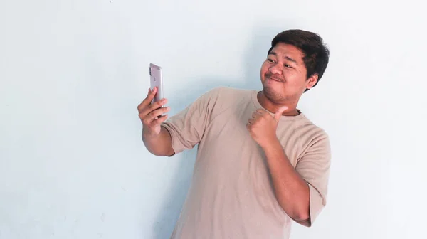 Ásia Gordura Homem Vídeo Chamada Com Ela Amigo — Fotografia de Stock