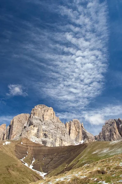 Grupo Langkofel Macizo Los Dolomitas Occidentales Separa Grden Norte Valle — Foto de Stock