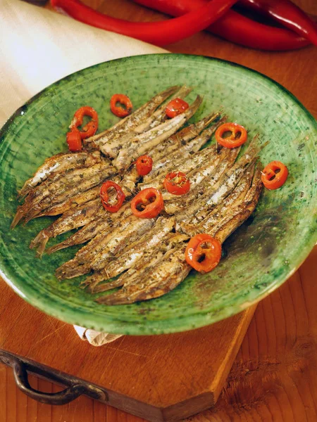 Traditionella Kalabriska Recept Alici Scattiate Ansjovis Kokta Stekpanna Med Chili — Stockfoto