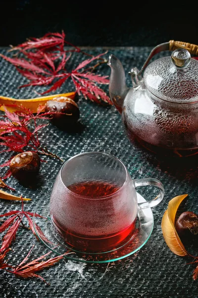 Autumn Red Hibiscus Tea Glass Cup Teapot Standing Dark Wet — Stock Photo, Image