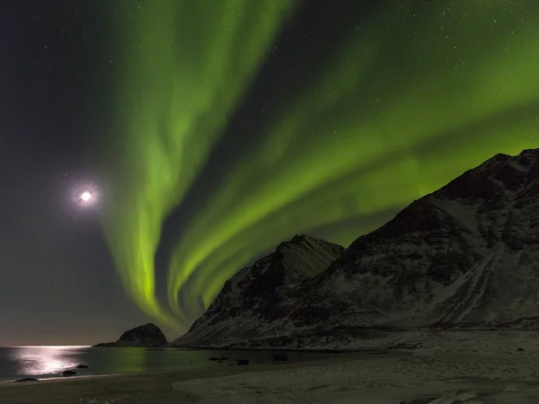 Northern Lights Haukland Beach Island Vestvagoy Lofoten Islands Northern Norway — Stock Photo, Image