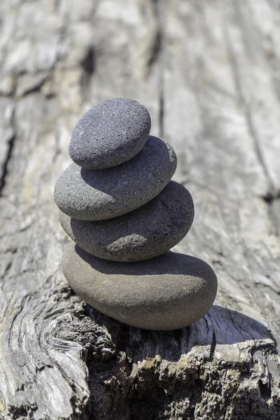 Balanced stack of stones on driftwood.