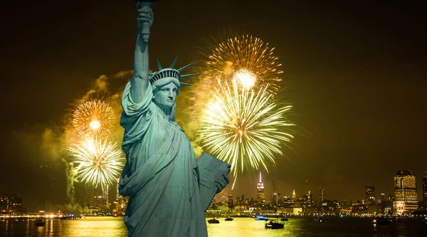 Juli Unabhängigkeitstag Feuerwerk Mit Skyline Über Hudson River — Stockfoto