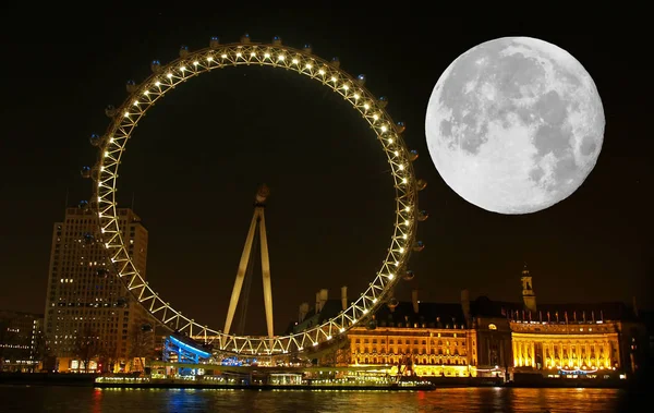 Rueda Del Milenio Londres Con Super Luna Noche — Foto de Stock