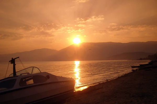 Puesta Sol Lago Ohrid Pogradec Albania — Foto de Stock
