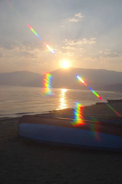 Západ Slunce Ochridu Jezera Albánii Pogradec — Stock fotografie