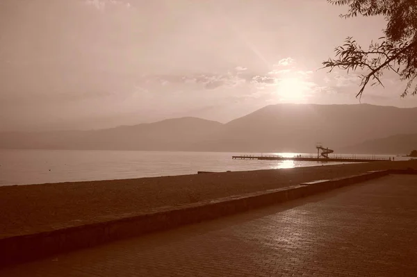 Západ Slunce Ochridním Jezeře Pogradec Albánie — Stock fotografie